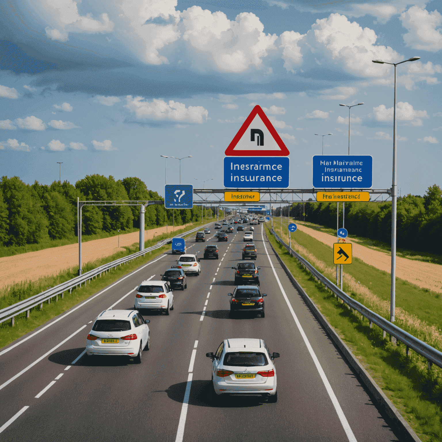 Een Nederlandse snelweg met auto's en een groot verkeersbord dat verzekeringsplicht aangeeft